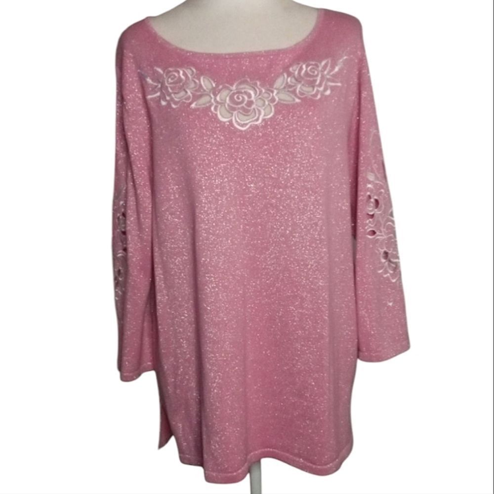 Bob Mackie Wearable Art Pink Floral Cutout Sparkly Tunic Cotton Blend NWT XL